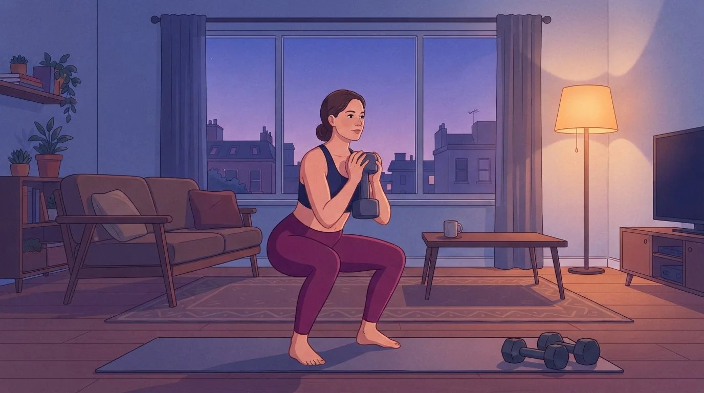 Eine Frau macht auf einer Trainingsmatte in ihrem Wohnzimmer in der Abenddämmerung einen Goblet Squat mit Kurzhantel, eine Stehlampe leuchtet und ein Paar Kurzhanteln liegt neben der Matte, ein harter Satz mehr für ihre Wochensätze für den Quadrizeps