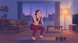 A woman doing a dumbbell goblet squat on an exercise mat in her apartment living room at dusk, a floor lamp glowing and a pair of dumbbells beside the mat, one hard set toward her weekly sets for the quads