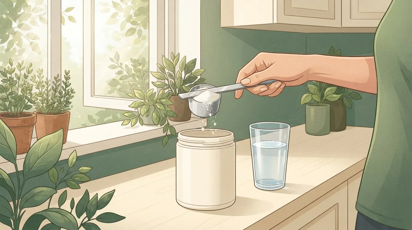 Close-up of a hand tipping a small scoop of white creatine powder over a plain unlabeled tub beside a glass of water on a cream kitchen counter, with potted plants and dappled window light behind