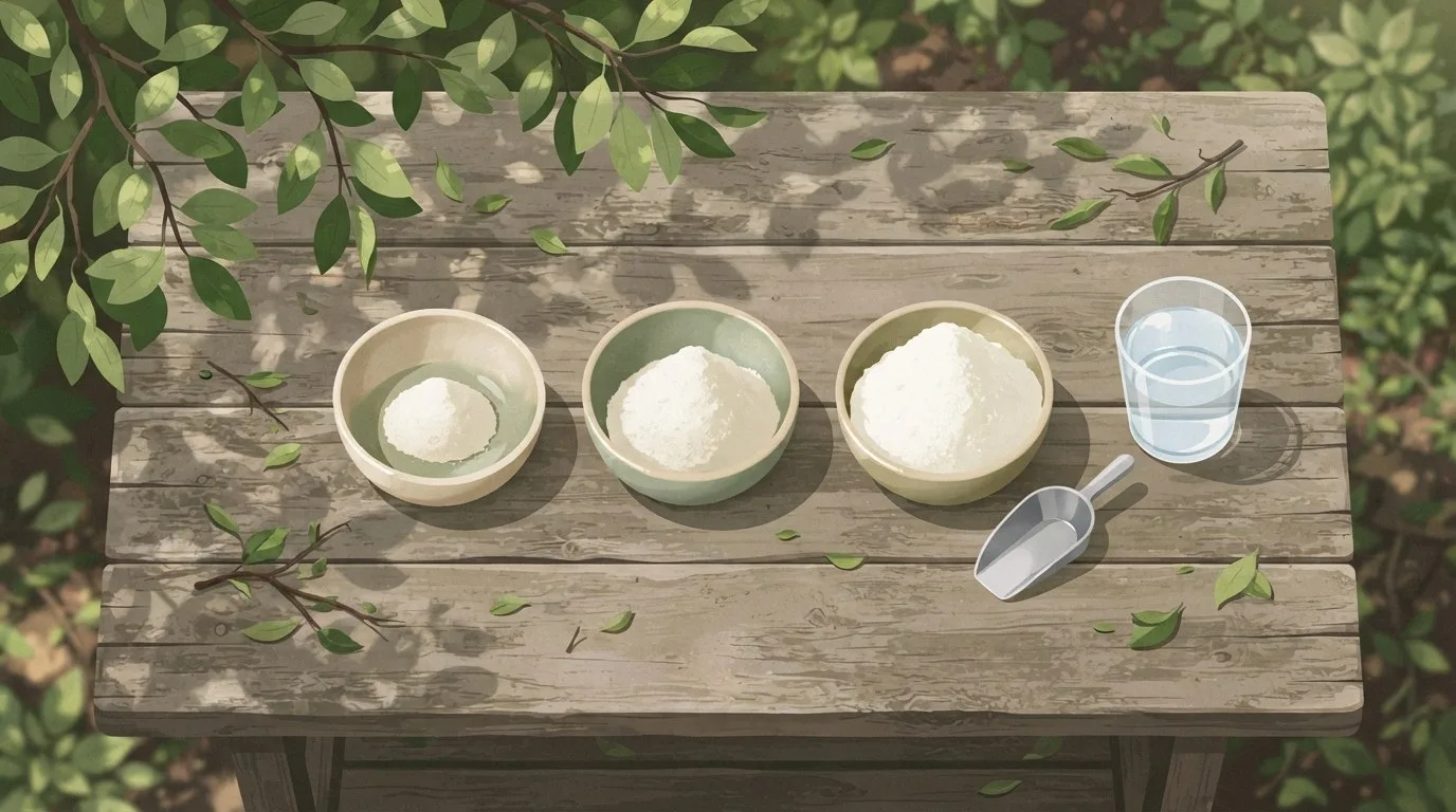 Overhead view of three small ceramic bowls holding small, medium and large mounds of white creatine powder beside a plain metal scoop and a glass of water on a wooden table scattered with leaves