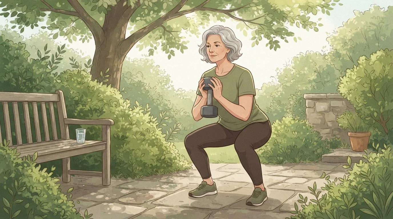 A woman in her sixties with shoulder-length grey hair doing a goblet squat with a plain dumbbell on a garden patio under a leafy tree, a glass of water on a nearby wooden bench
