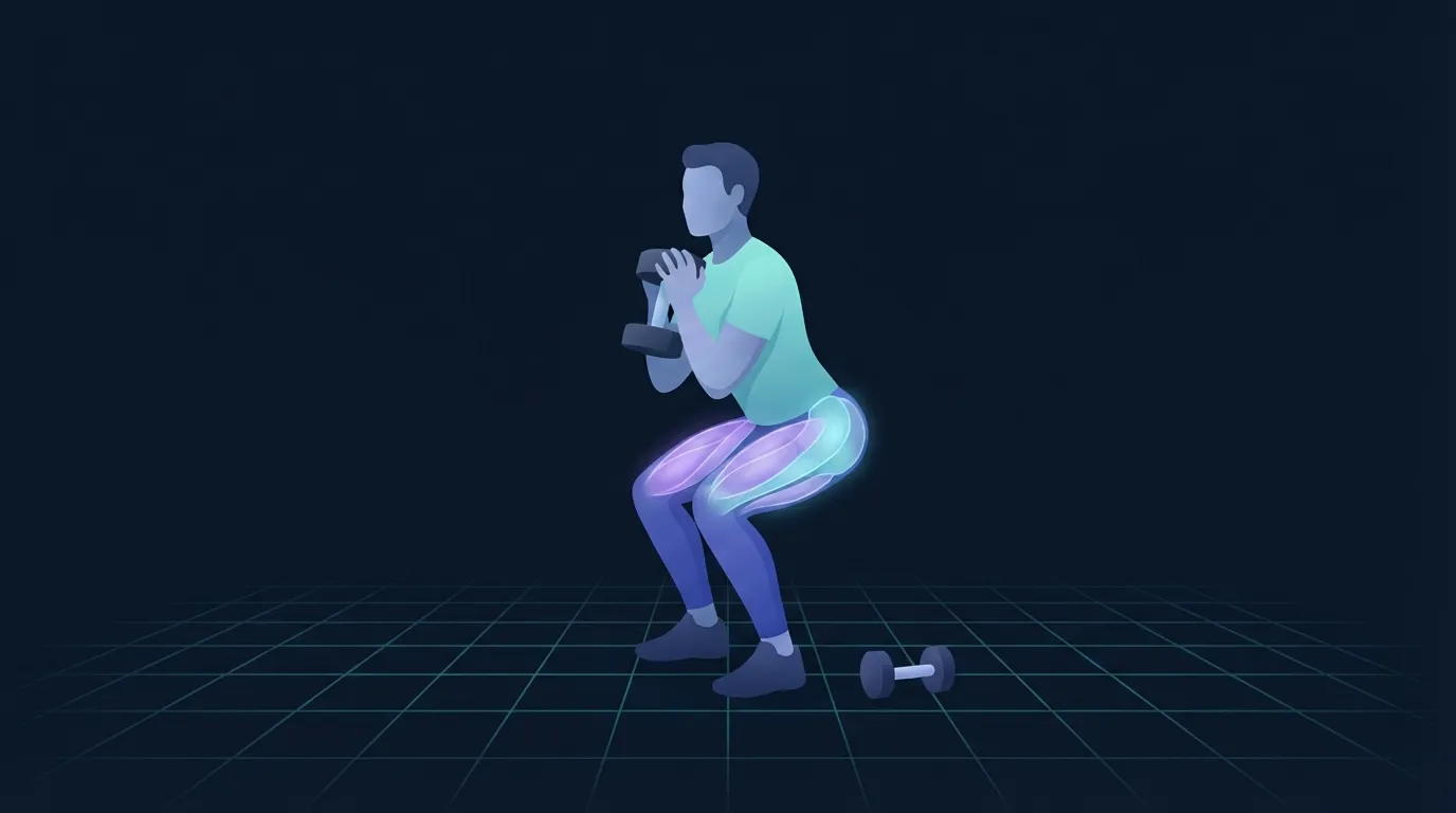Illustration of an adult performing a dumbbell squat, the working muscle groups in the quads, glutes, and back highlighted, showing how added lean mass raises the resting metabolic floor