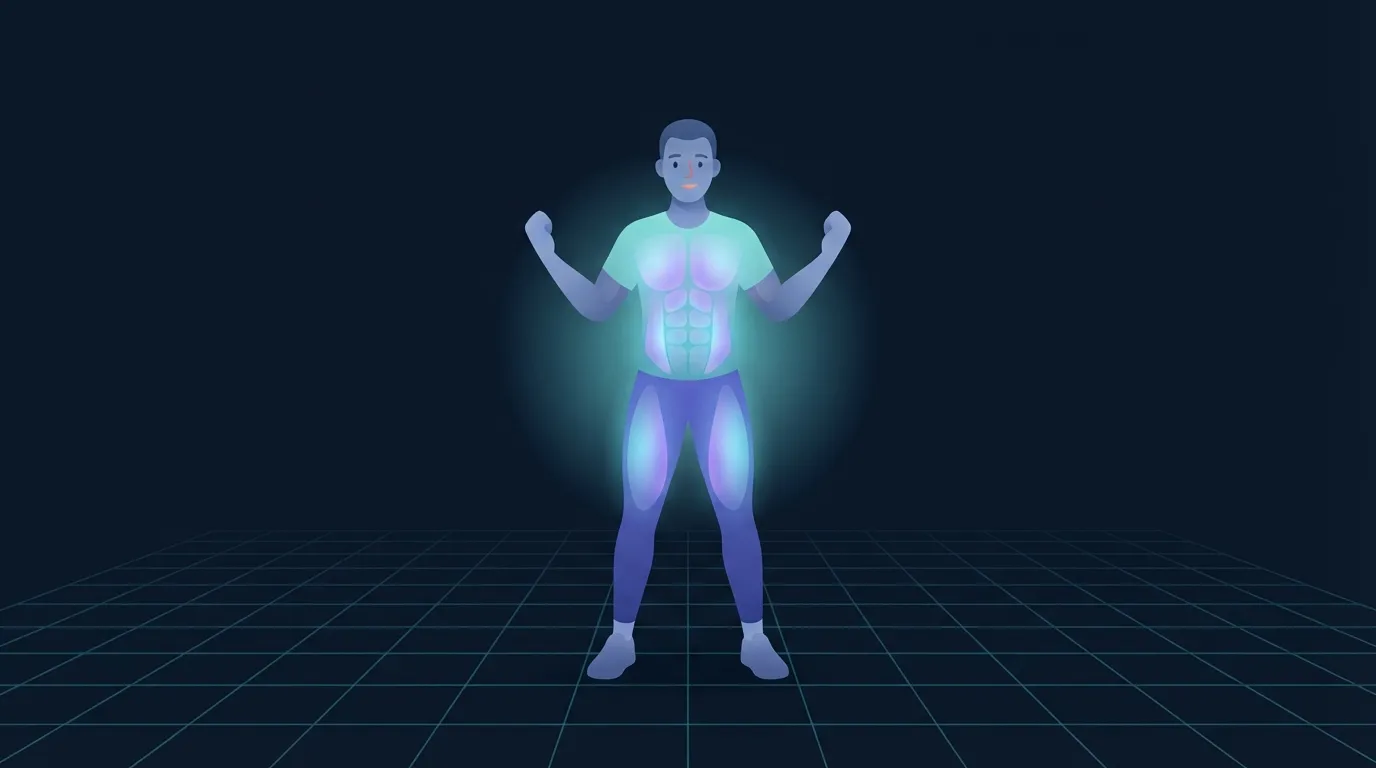 Illustration of an adult standing with the four components of daily energy expenditure highlighted around their body, basal metabolic rate as the largest region across the trunk, thermic effect of food at the stomach, non-exercise activity thermogenesis at the hands and feet, and exercise burn at the legs