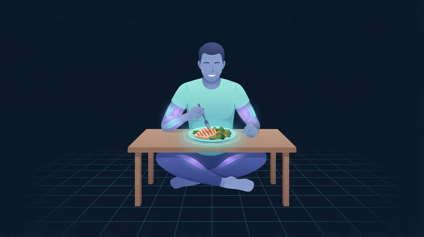Illustration of an adult sitting down to a plate with chicken and vegetables on a wooden table, showing the higher thermic cost of protein-heavy meals