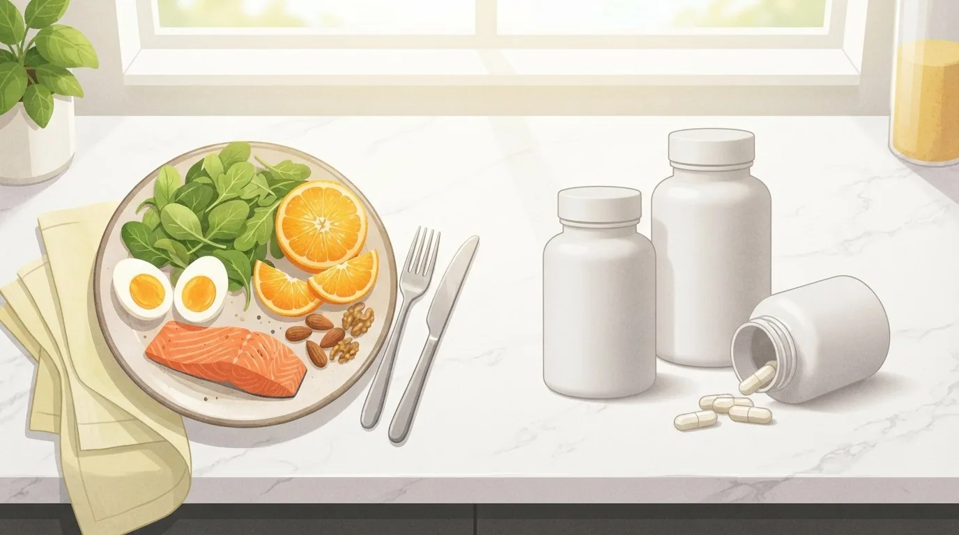 Ein Teller mit Eiern, Lachs, Spinat, Orangenscheiben und Nüssen auf einer sonnigen Küchenarbeitsplatte neben schlichten Supplement-Flaschen ohne Etikett, aus denen Kapseln gefallen sind
