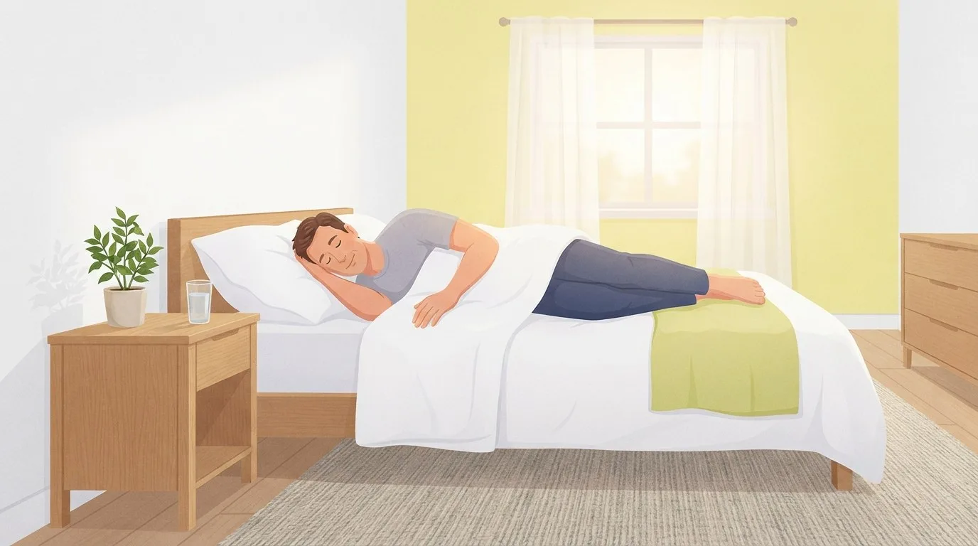 Ein Mann schläft auf der Seite in einem ruhigen Schlafzimmer, während Morgenlicht durch halbtransparente Vorhänge fällt, auf dem Nachttisch ein Glas Wasser