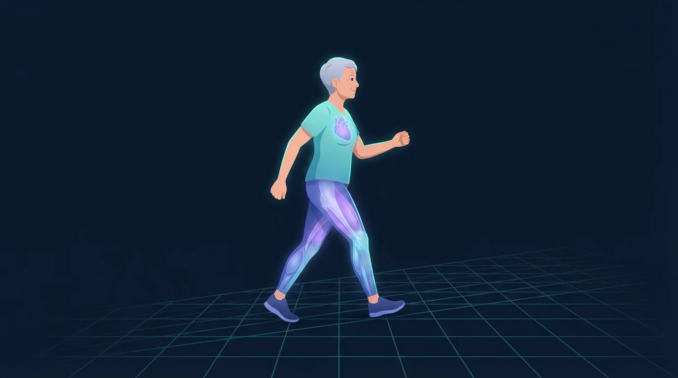 Ilustración de un adulto mayor caminando a paso rápido de perfil sobre un suelo cuadriculado de color teal con el corazón y los músculos del muslo y la pantorrilla brillando suavemente