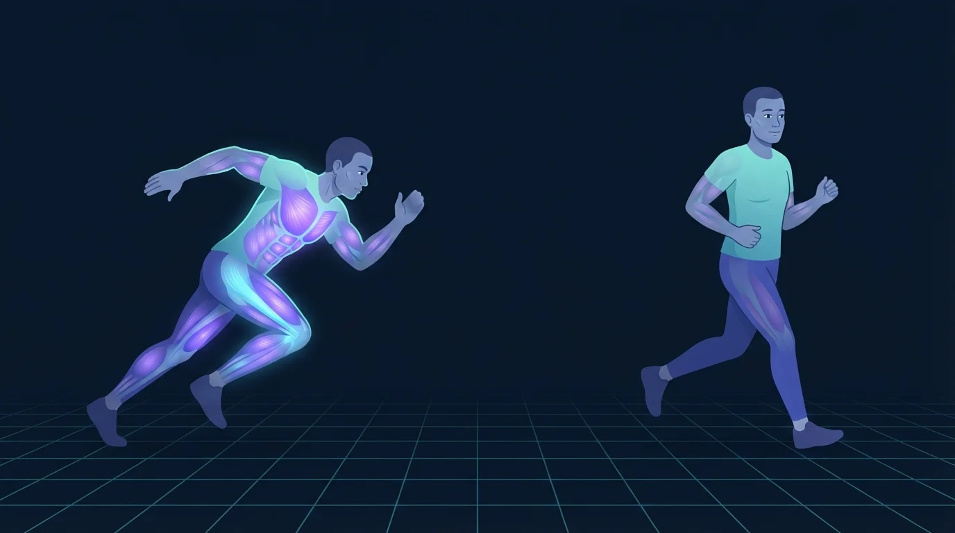 Ilustración de dos adultos entrenando lado a lado sobre un suelo cuadriculado, uno esprintando a máximo esfuerzo con el pecho y las piernas brillando intensamente y otro trotando suave con un brillo tenue, contrastando el entrenamiento de intervalos y el continuo