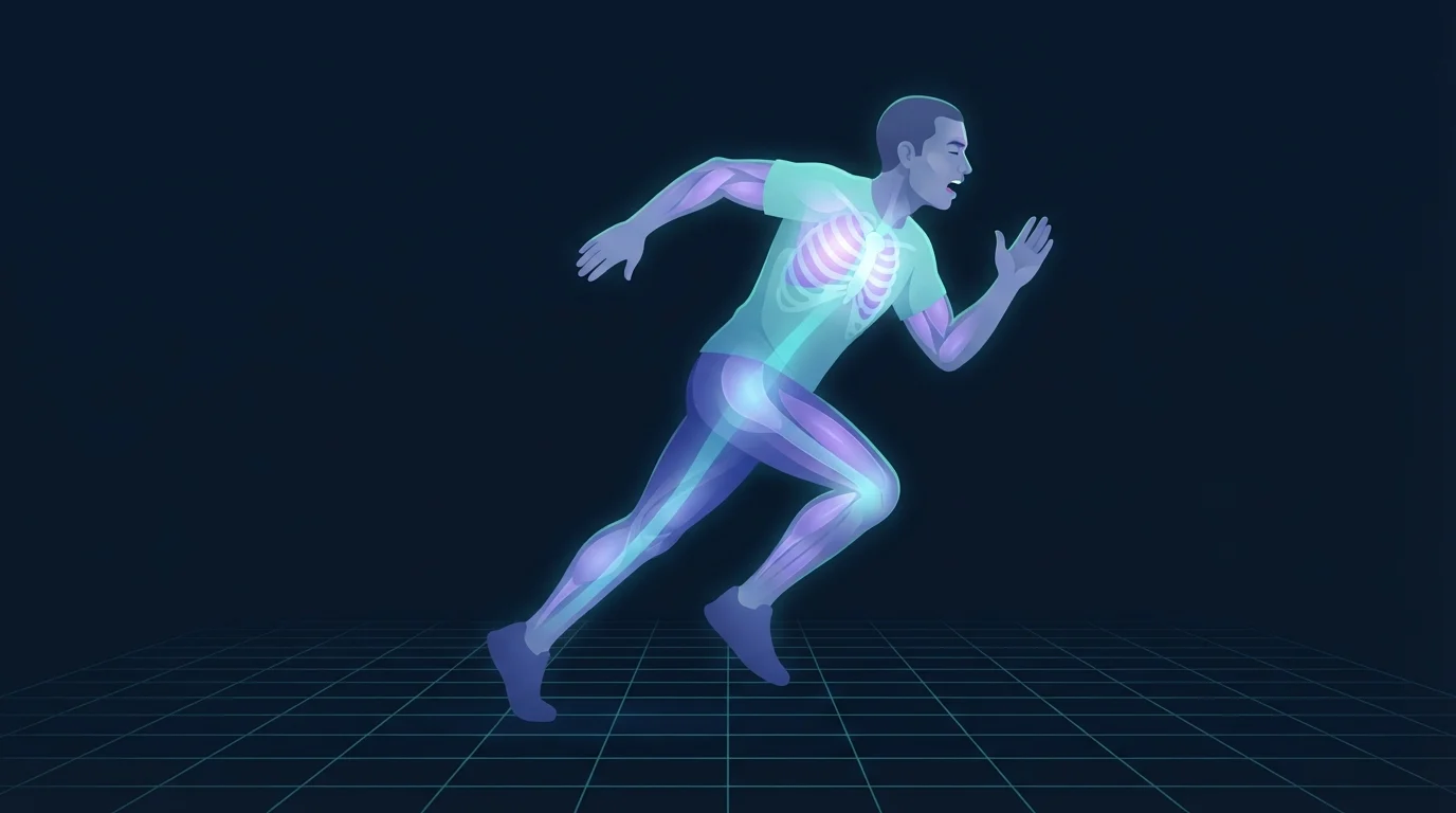 Ilustración de un corredor a máximo esfuerzo de perfil con el corazón, los pulmones y los músculos de las piernas iluminados, mostrando la cadena de suministro de oxígeno que marca el VO2 máx