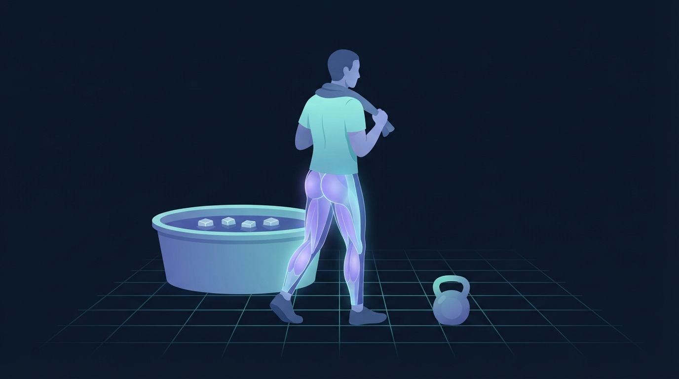 Redaktionelle Illustration einer Person mit Handtuch, die sich von einem Eisbad zu einer Kettlebell auf dem Boden bewegt, mit leuchtenden Beinen, Gesäß und Rücken