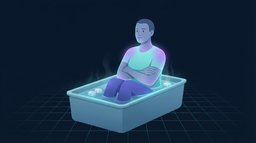 Redaktionelle Illustration einer Person, die brusttief in einer Wanne mit Eiswasser sitzt, mit aufsteigendem Dampf und leuchtenden Schultern, Brust und oberem Rücken