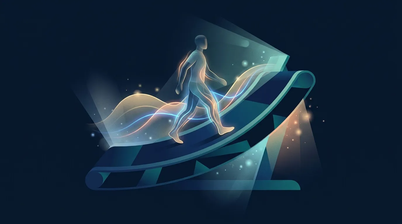 Ilustração conceitual de uma esteira inclinada com linhas abstratas de fluxo de energia sugerindo maior demanda metabólica durante a caminhada em subida em comparação à caminhada plana