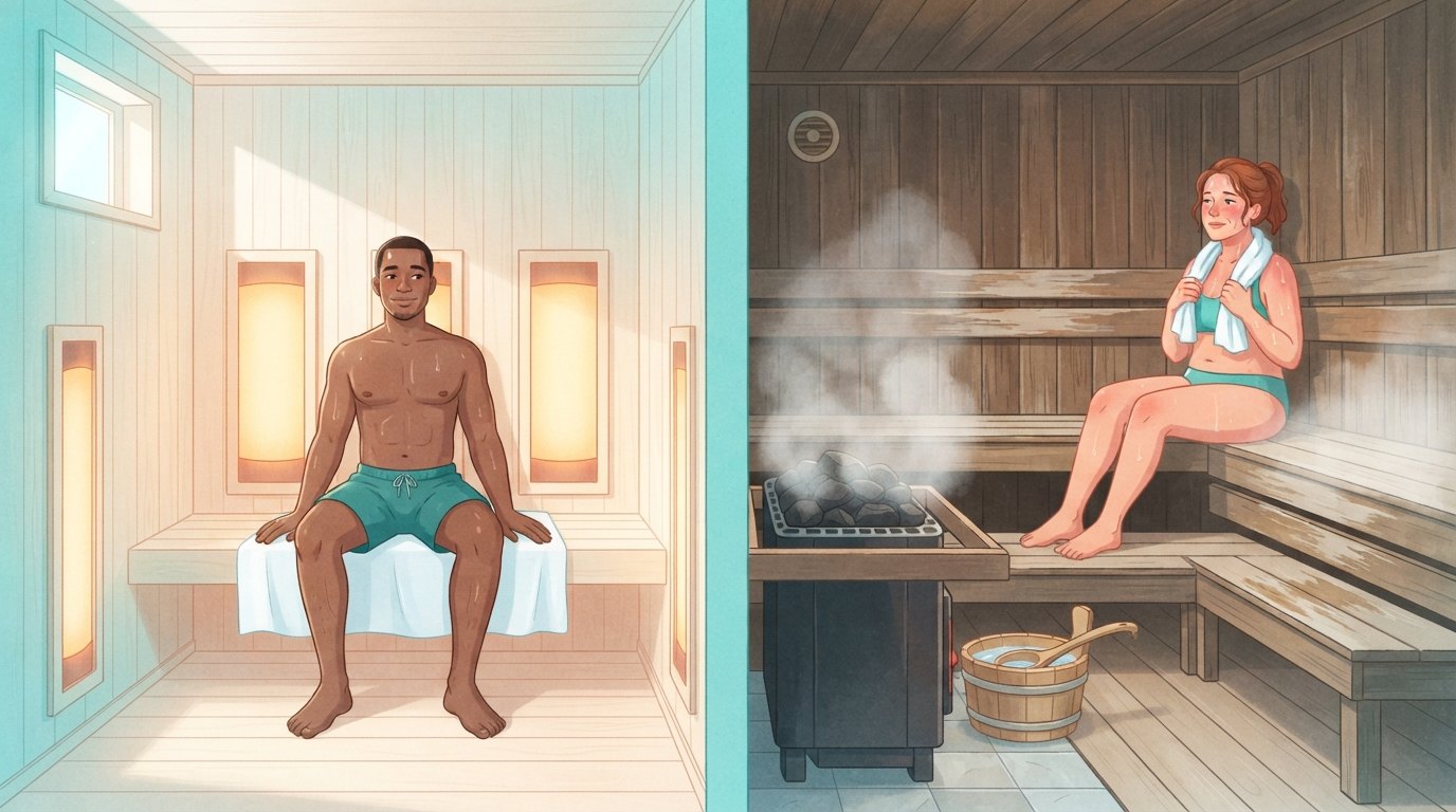 Side-by-side illustration of a man sitting comfortably in a light-wood infrared sauna with glowing wall panels and a woman sweating on the bench of a steamy traditional sauna beside a stove of hot stones