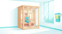 Illustration of a woman in her fifties wrapped in a turquoise towel, resting with her eyes closed inside a light-wood infrared sauna cabin whose wall panels glow warm in a sunny spa room