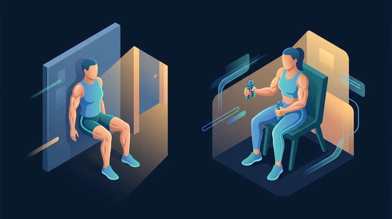 Konzeptuelle Illustration einer Person beim Wandsitzen und Handgrip-Hold als Teil einer isometrischen Trainingsroutine zuhause