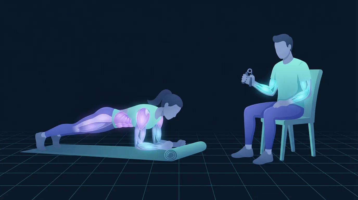 Stylized illustration of two athletic figures: one holding a forearm plank, the other squeezing a handgrip dynamometer in a chair