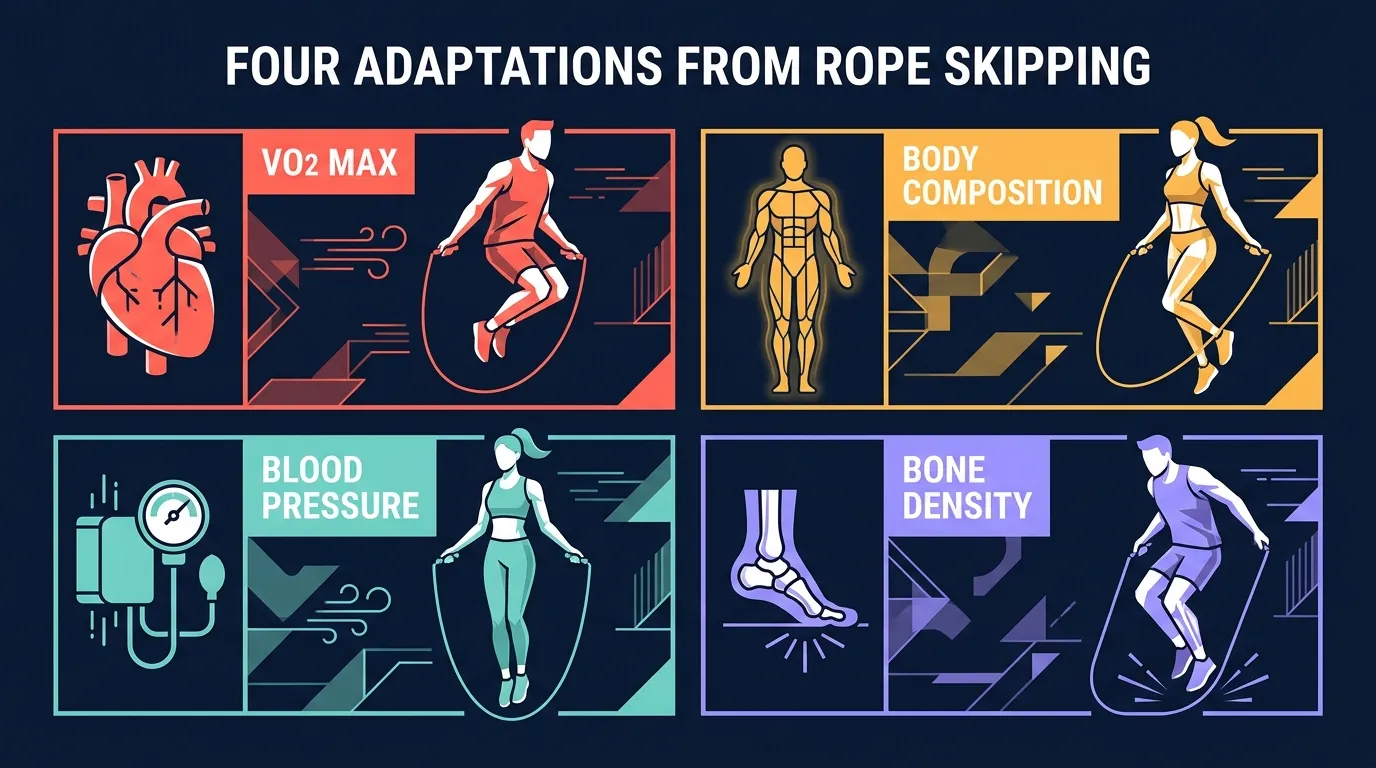 Illustration showing four training benefits of rope skipping: VO2max, body composition, blood pressure, and bone density at the heel