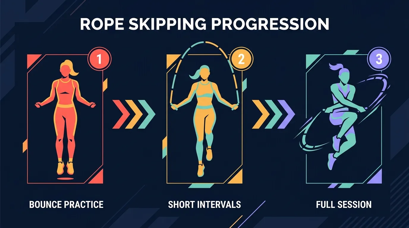 Illustration of three figures showing a jump rope progression from bounce-only practice to short 30-second intervals to full 10-minute interval workout