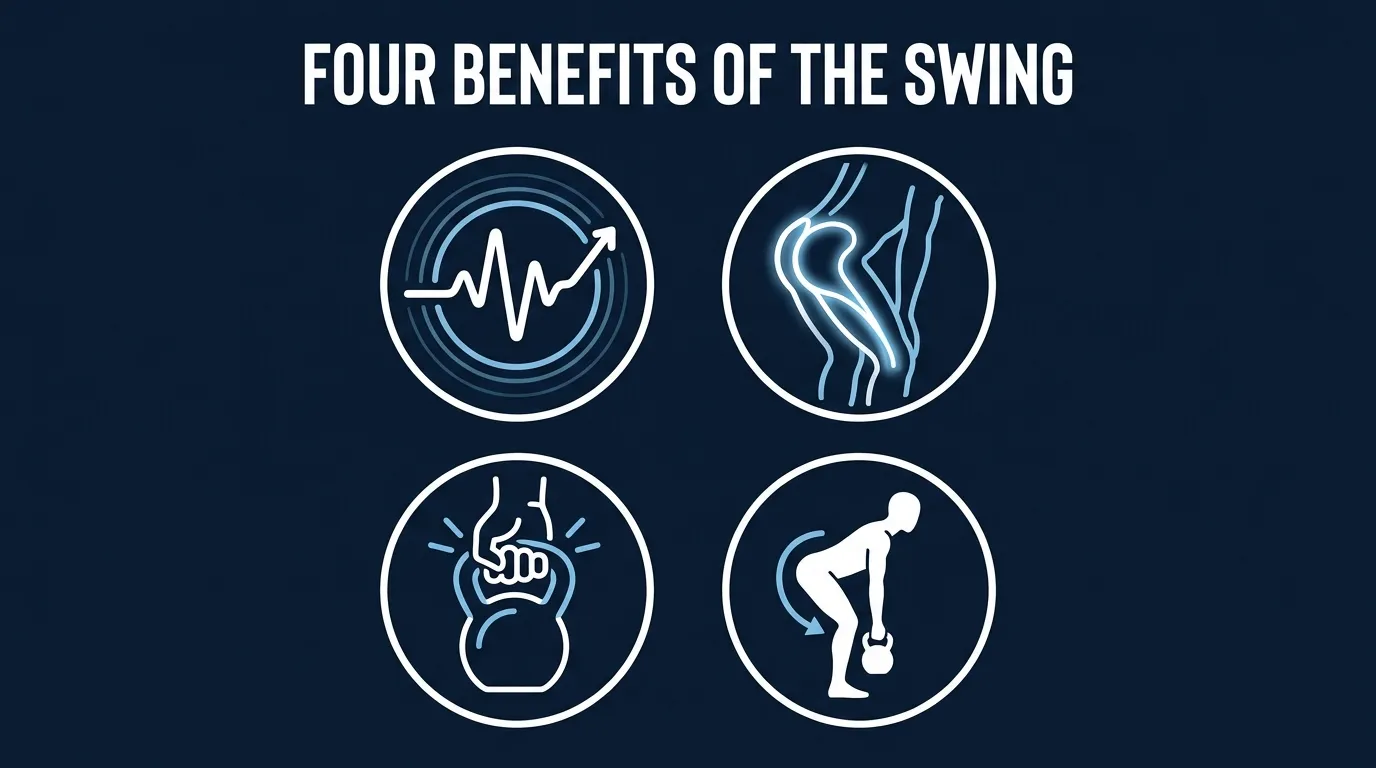 Illustration showing four training benefits of the kettlebell swing: VO2max, glute activation, grip endurance, and hip-hinge motor pattern