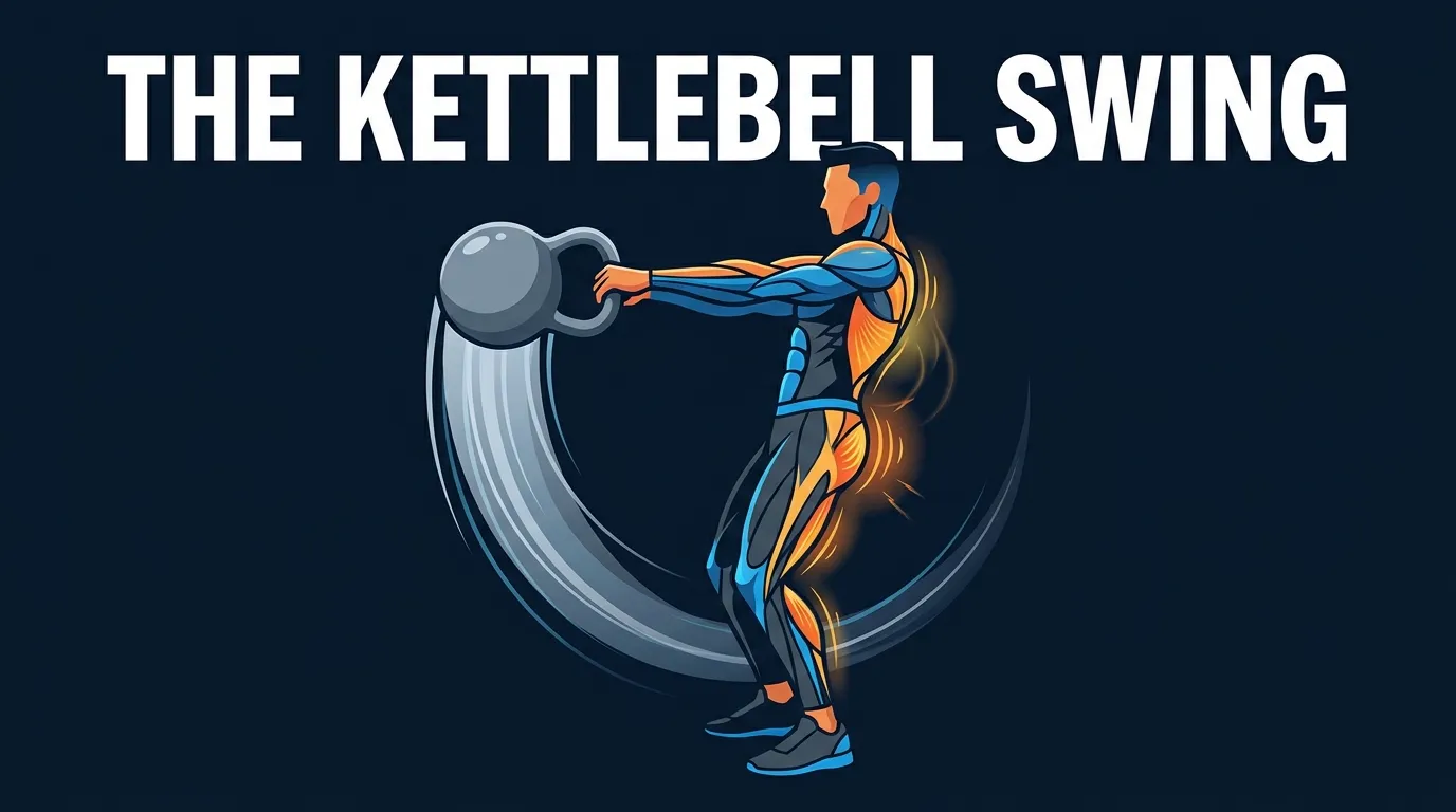 Illustration of a person performing a two-handed kettlebell swing at hip height with subtle motion lines showing hip drive and posterior-chain engagement