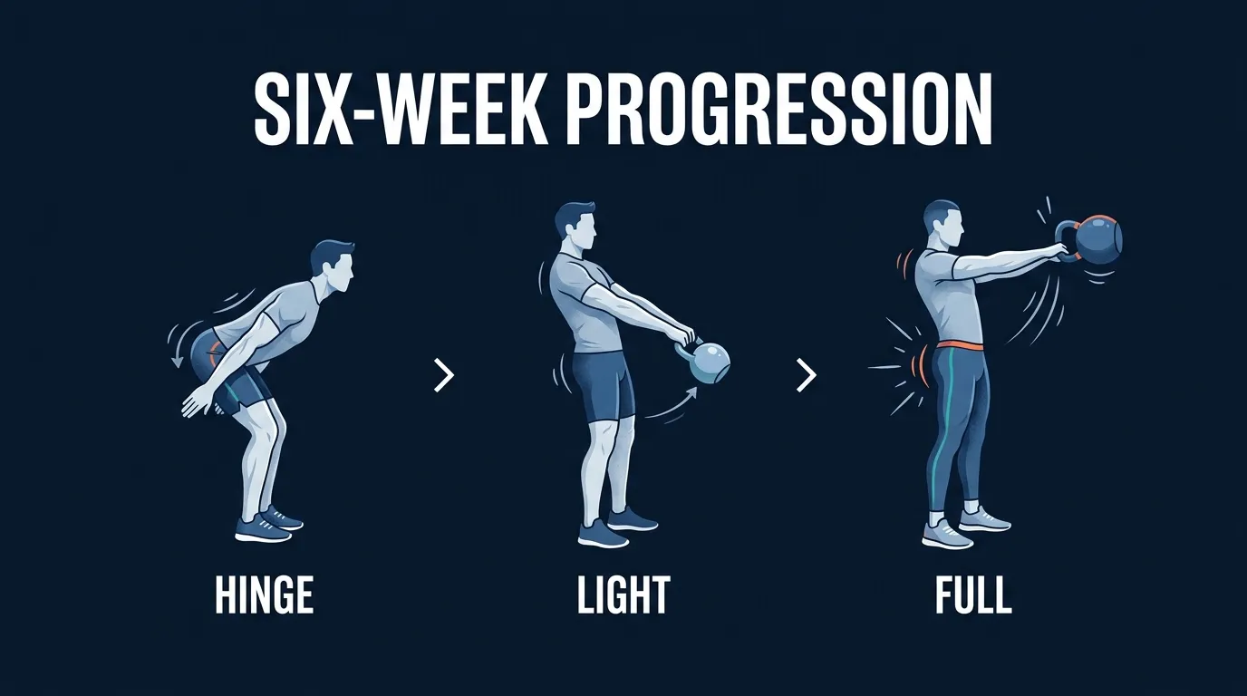 Illustration of three figures showing a kettlebell swing progression from bodyweight hip hinge to light bell practice to full training swing