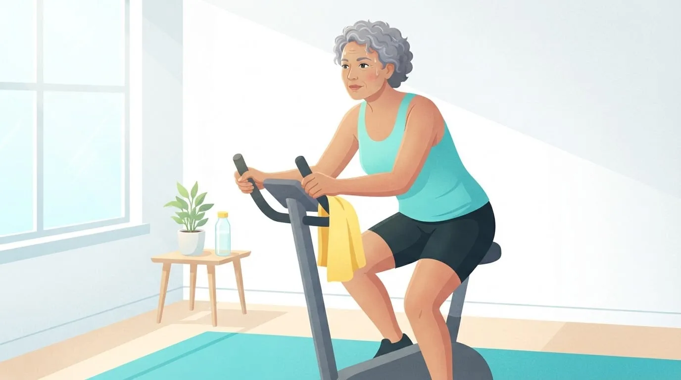 A woman with short curly gray hair rides a stationary bike at a steady hard effort in a sunny living room, a yellow towel over the handlebars, doing lactate threshold training at home