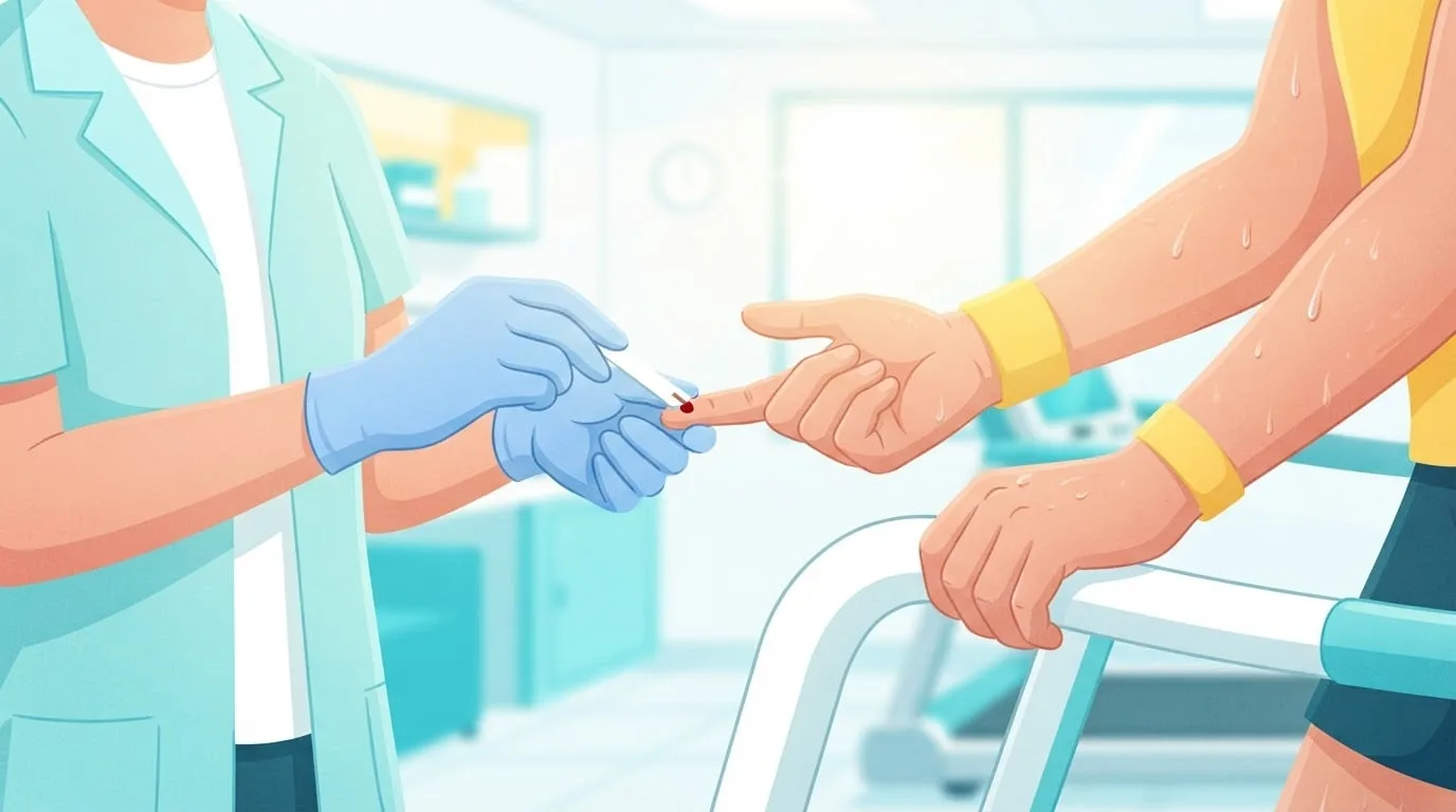 Close-up of a gloved researcher touching a thin test strip to a drop of blood on a sweaty runner's fingertip beside a treadmill handrail during a lab lactate threshold test