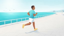 A man in an aqua t-shirt and yellow running shoes runs at a steady, comfortably hard effort along a sunny seaside promenade, the kind of sustained run used in lactate threshold training