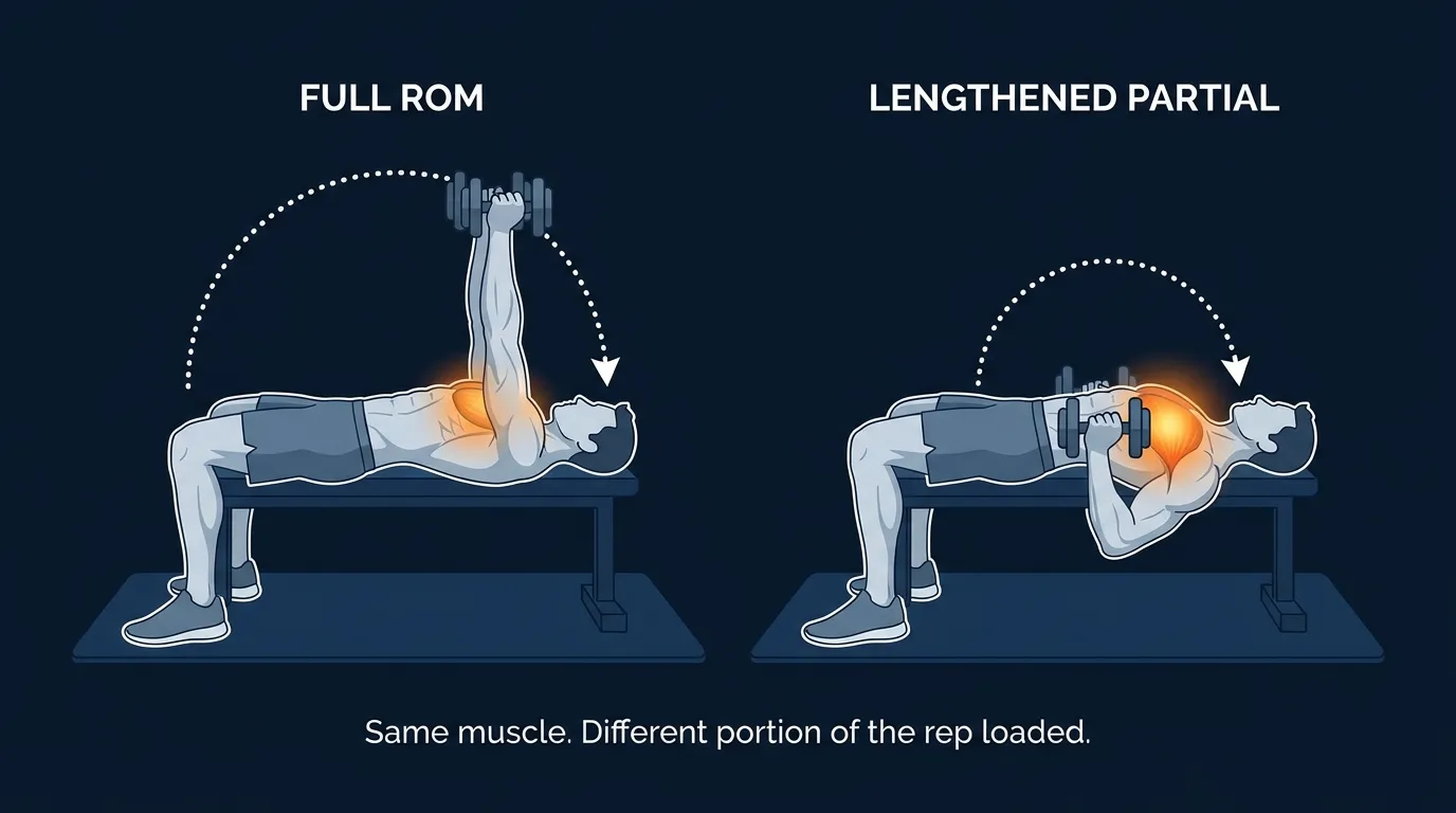 Illustration comparing a full range of motion rep to a lengthened partial rep showing the bottom half of the movement where fibers stay stretched under load