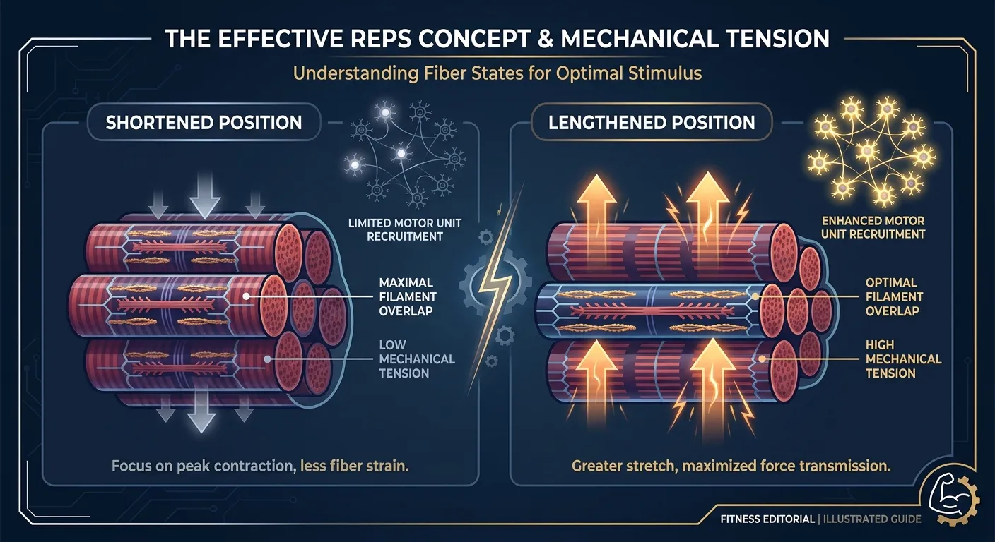 Diagram showing higher mechanical tension on individual muscle fibers in the stretched position which drives the effective reps hypothesis