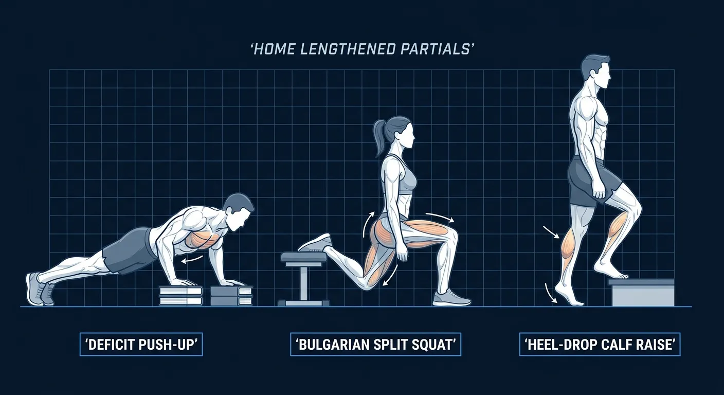 Illustration of home bodyweight exercises applying lengthened partials including deficit push-ups Bulgarian split squats and heel-drop calf raises