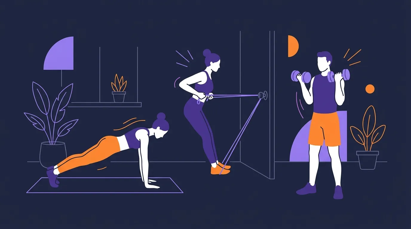 Konzeptuelle Illustration von Heimkrafttraining mit leichten Kurzhanteln, Widerstandsbändern und Körpergewichtsbewegungen, die Muskelwachstum erzeugen