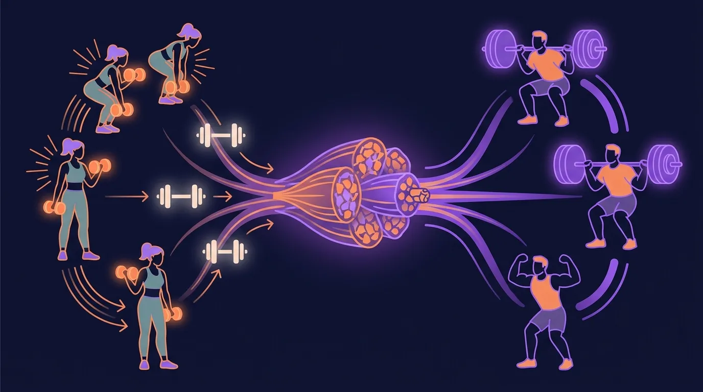 Konzeptuelle Illustration, die zeigt, dass leichte und schwere Gewichte gleichwertiges Muskelwachstum erzeugen, wenn Sätze bis zum Versagen geführt werden