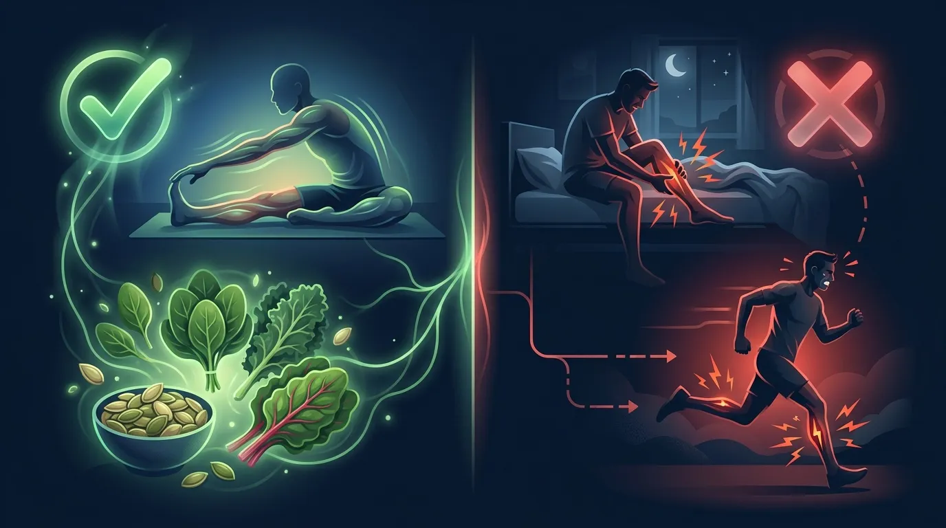 Concept illustration showing where magnesium evidence is strong like deficiency correction and post-exercise soreness versus where it is weak like idiopathic and exercise-associated cramps