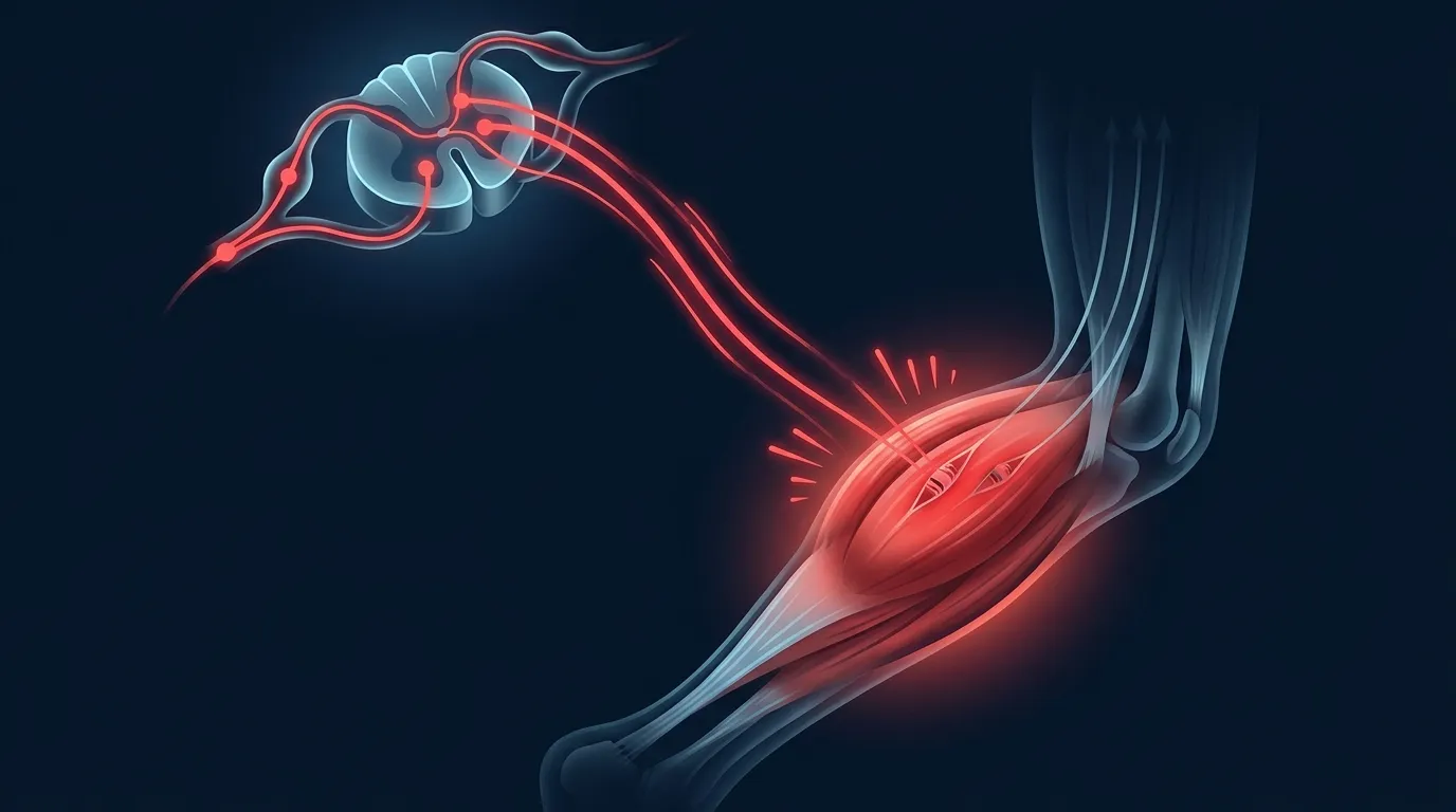 Concept illustration showing the spinal reflex loop driving muscle cramps with muscle spindle excitation and reduced Golgi tendon organ inhibition under fatigue