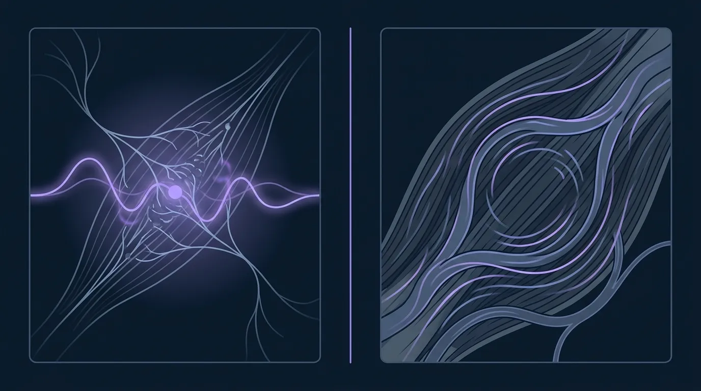 Konzeptionelle Illustration, die zwei Mechanismen der Perkussionsmassage vergleicht: schnelle mechanische Vibration, die den Muskeltonus neural hemmt, neben mechanischer Flüssigkeitsbewegung im Weichgewebe