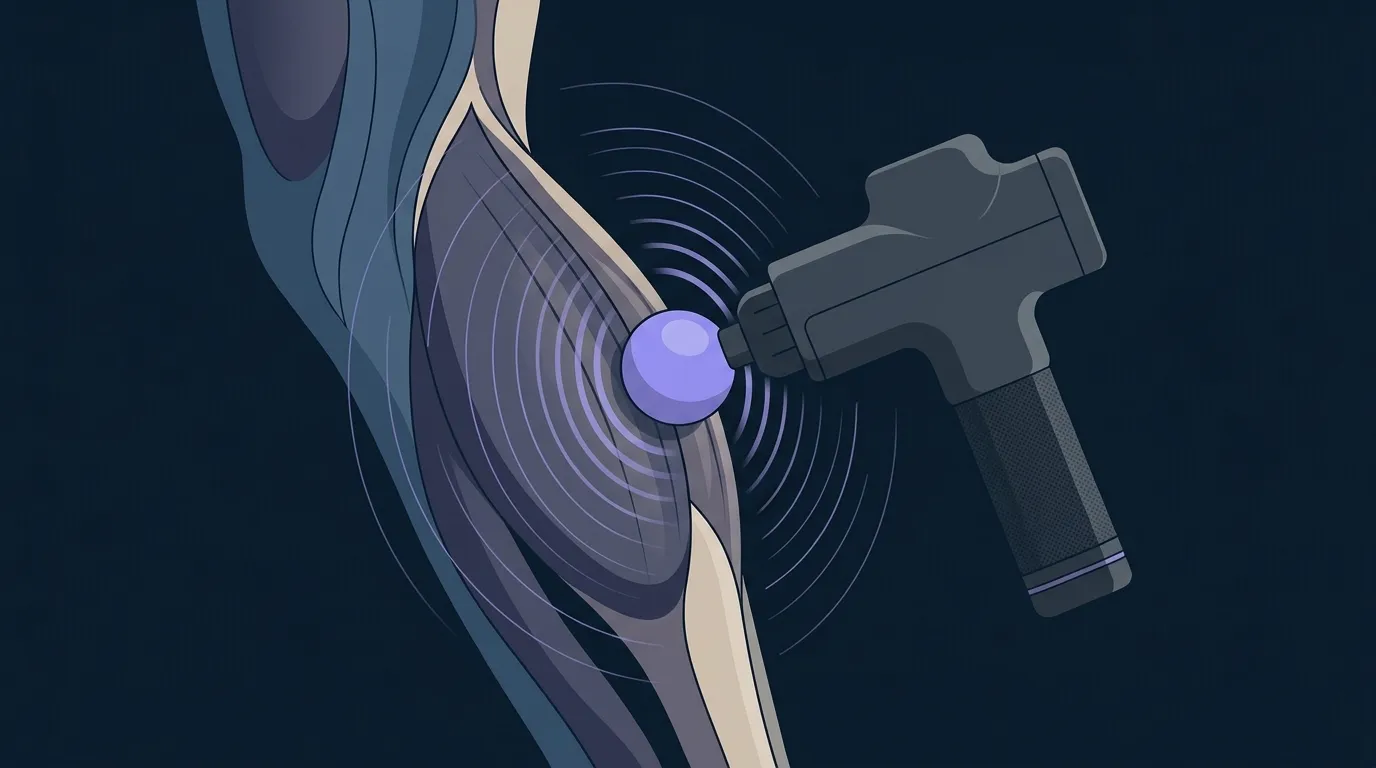 Konzeptionelle Illustration eines handgehaltenen Perkussionsmassage-Geräts, das schnelle mechanische Impulse auf einen großen Wadenmuskel überträgt und die Übertragung der Vibration ins Weichgewebe zeigt