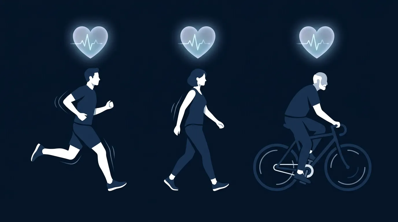 Editorial illustration of a heart-rate dial alongside silhouettes of a younger man, older man, and middle-aged woman, each labeled with different max heart rate numbers, representing how Tanaka, Nes, and Gulati equations diverge by population