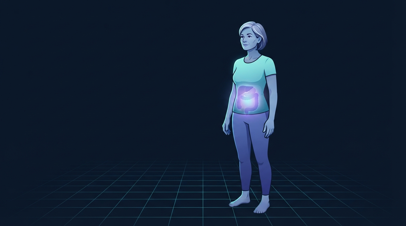 Redaktionelle Illustration einer Frau Anfang fünfzig, die auf einem türkisfarbenen Rasterboden steht, wobei die tiefe Bauchregion leuchtet, um den viszeralen Fettzuwachs während der Menopause-Übergangsphase darzustellen