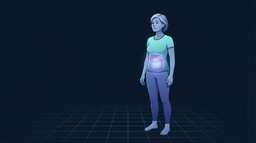 Redaktionelle Illustration einer Frau Anfang fünfzig, die auf einem türkisfarbenen Rasterboden steht, wobei die tiefe Bauchregion leuchtet, um den viszeralen Fettzuwachs während der Menopause-Übergangsphase darzustellen