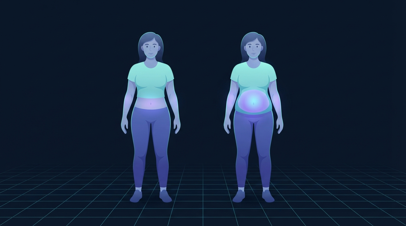 Redaktionelle Illustration, die dieselbe Frau vor und während der Menopause-Übergangsphase vergleicht, wobei die tiefe Bauchregion in der rechten Figur heller leuchtet