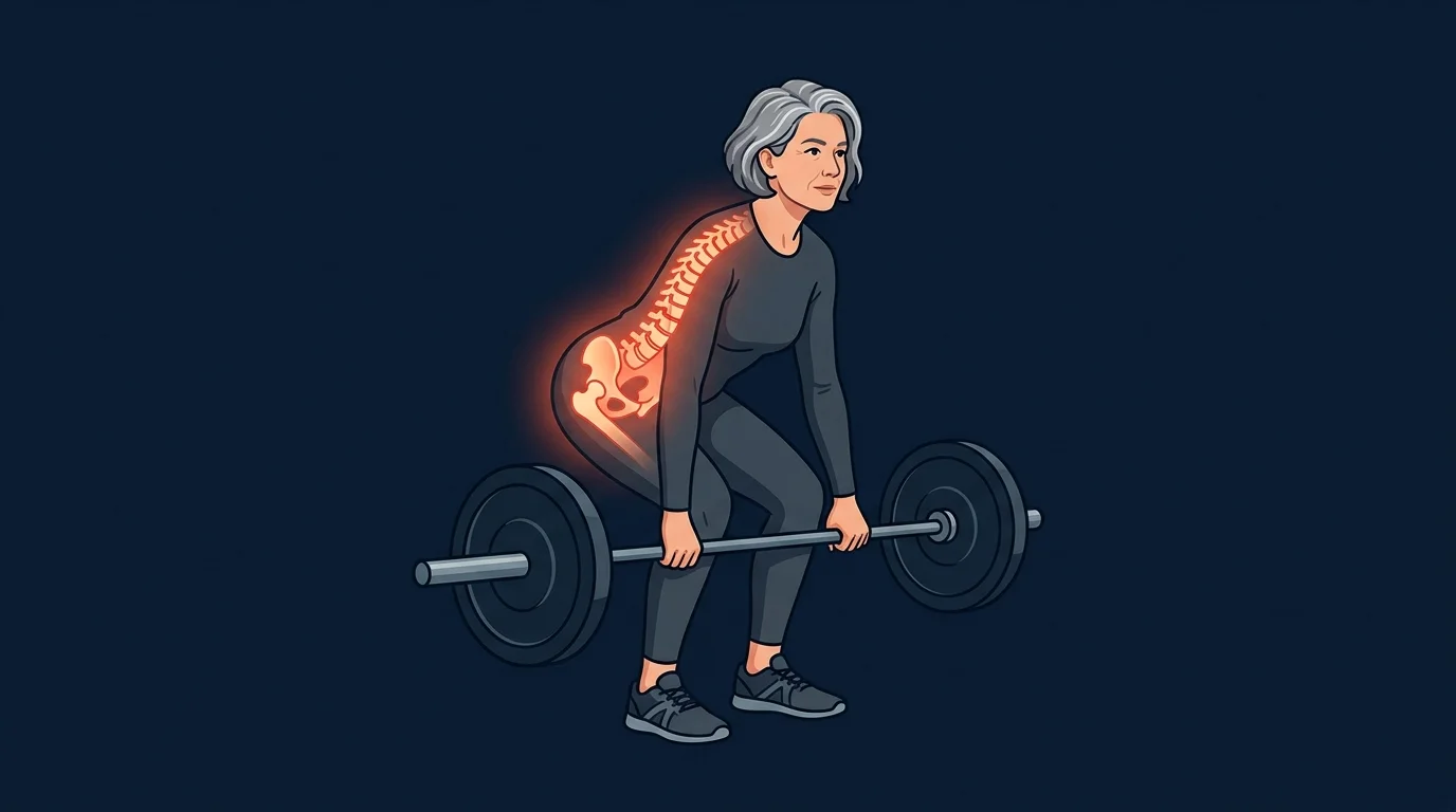 Editorial infographic showing the LIFTMOR trial result of a 4.1 percent between-group lumbar spine bone density difference from twice-weekly resistance and impact training in postmenopausal women