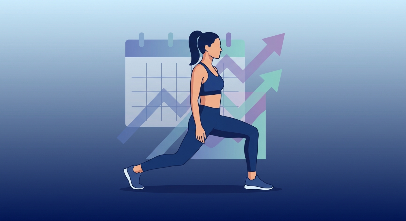Illustration of a woman performing a bodyweight squat in a modern training space with abstract calendar and progress tracking elements in the background