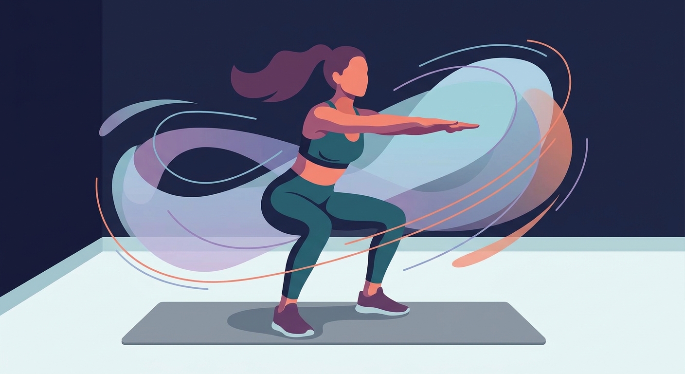 Illustration of a woman confidently training with dumbbells alongside abstract representations of hormone fluctuation patterns across a menstrual cycle