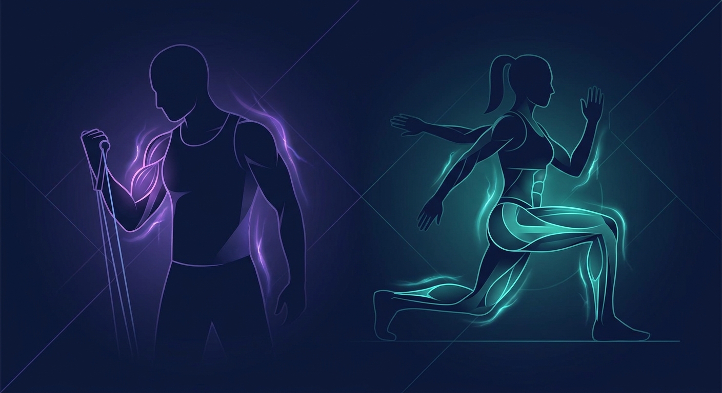 Comparison illustration showing simple isolation movement like a bicep curl versus complex compound movement like a squat highlighting differences in attentional focus
