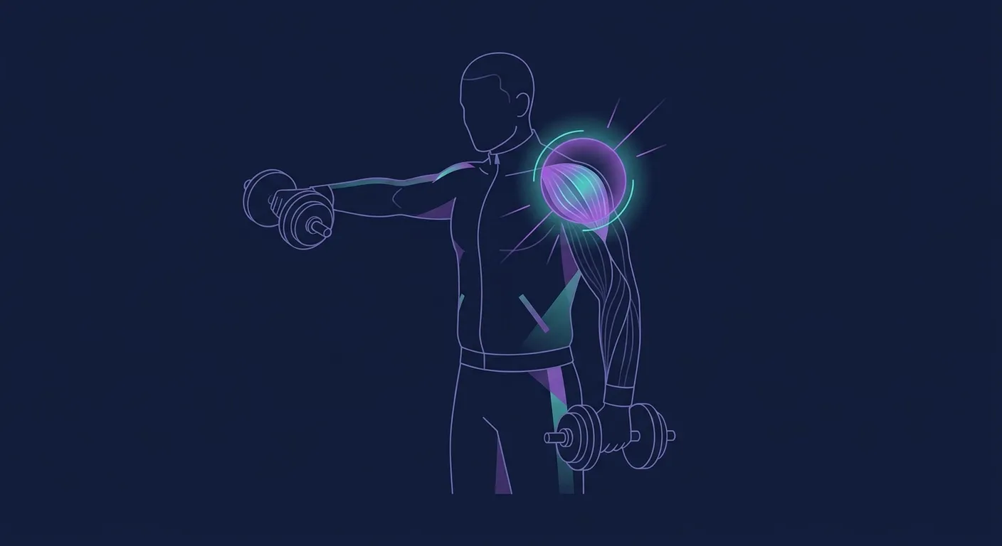 Illustration einer Person, die ein fokussiertes Kurzhantel-Seitheben mit visuellem Schwerpunkt auf dem anzusprechenden Schultermuskel während der Übung durchführt