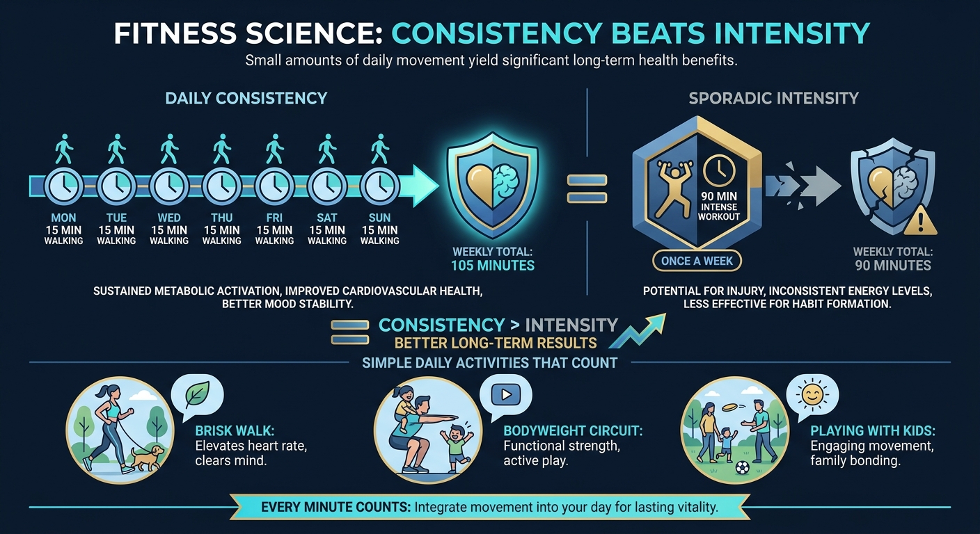 Infographic showing that 15 minutes of daily walking beats 90 minutes once a week emphasizing consistency over intensity with simple activities that count toward health benefits