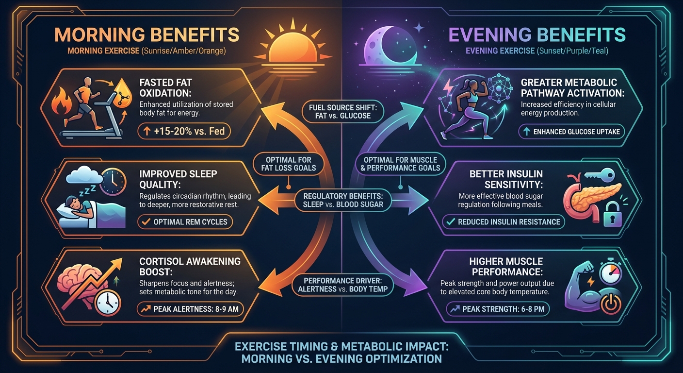 Comparison of morning versus evening exercise metabolic differences showing morning benefits of fasted fat oxidation and sleep quality versus evening benefits of greater metabolic pathway activation and insulin sensitivity