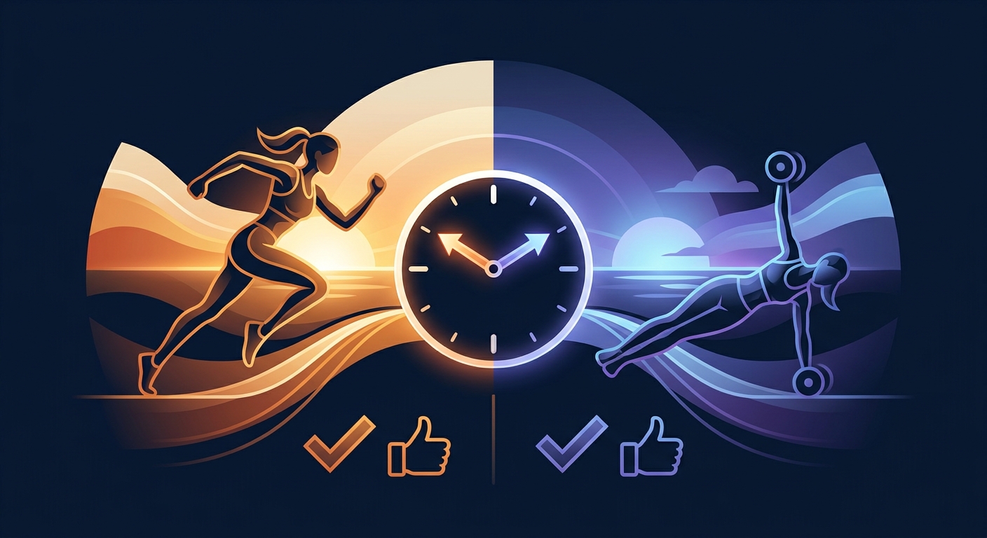 Consistency versus timing infographic showing that exercising at a consistent time of day produces significantly higher activity levels than varying workout timing
