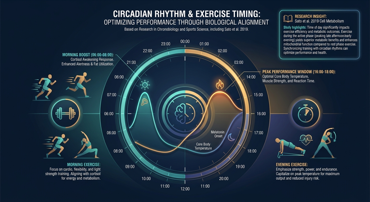 Circadian rhythm and exercise timing infographic showing 24-hour clock with core body temperature peaking at 4-6 PM, cortisol awakening response in morning, and melatonin onset in evening